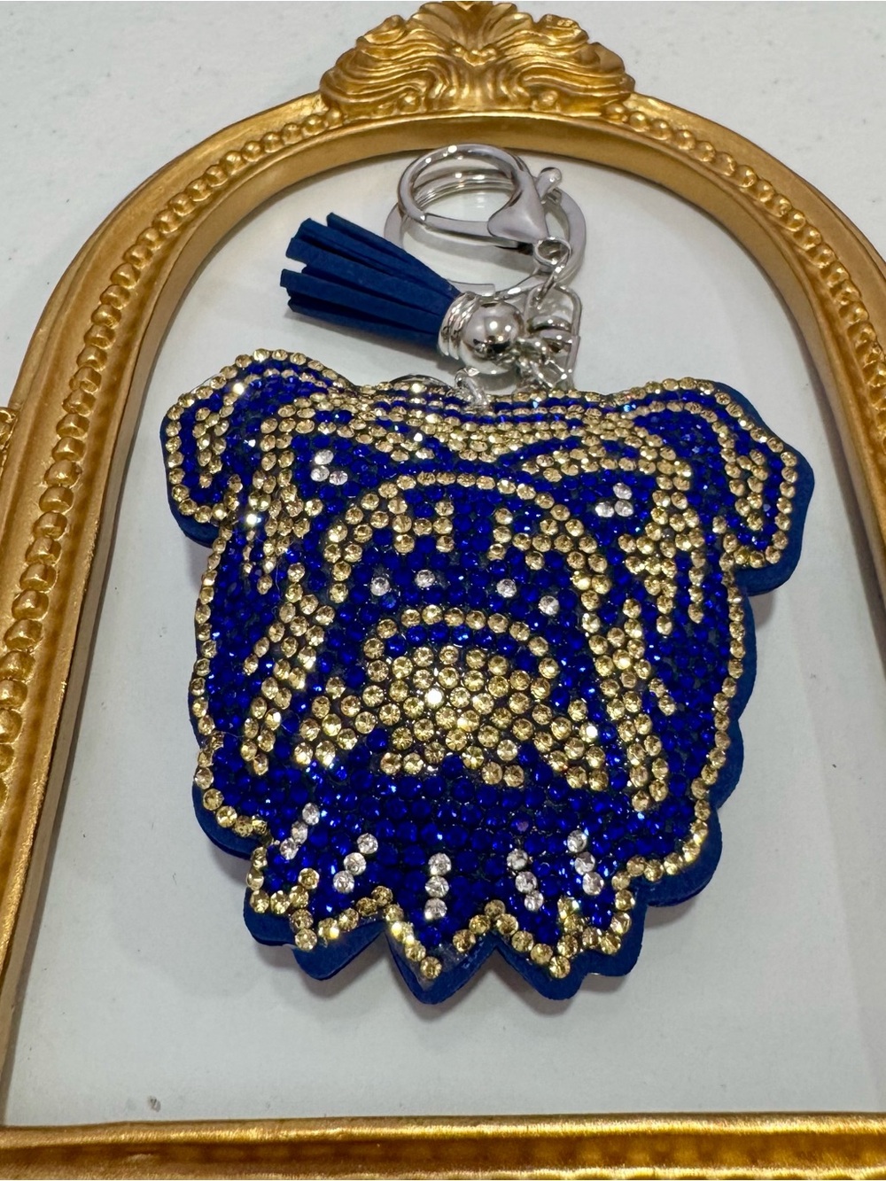 New Crystal Blue & Gold Bulldog Keychain